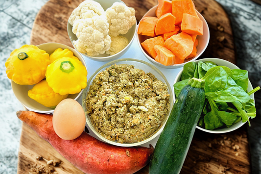 Boutique kitchen-crafted dog food ingredients featuring fresh RSPCA Approved chicken, salmon, sweet potato, and spinach